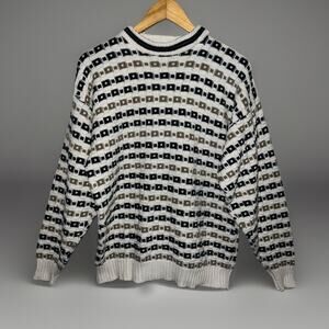 VTG Men’s Sweater Geometric Textured Cream Navy Green Tan Knit 80s 90s Pullover